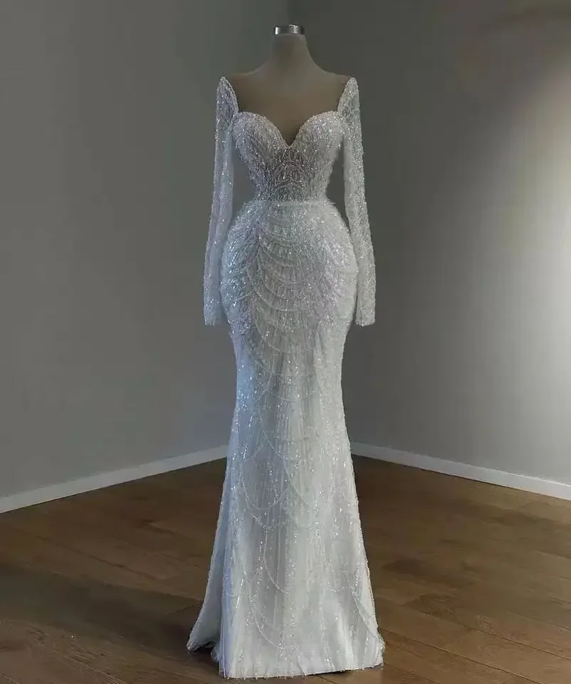 Customized White Mermaid Wedding Dresses With Detachable  Train Long Sleeves Pearls Wedding Gowns Vestido Blanco Brides Dresses