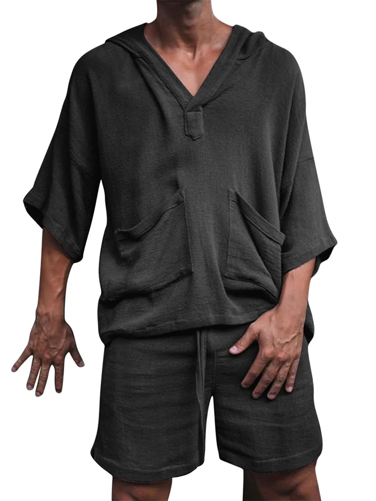 2026 Sommer Herren Einfarbiges Baumwoll-Leinen Zweiteiler-Set V-Ausschnitt Halbarm T-Shirt Lockere Shorts Atmungsaktiv Urlaub Alltag Lässig Passend – Detail 11