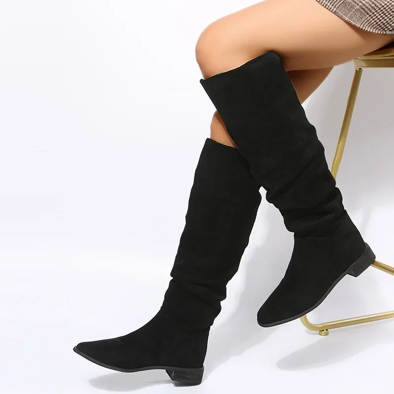 New Pleated Boots Women Black Nude Faux Suede Flock Knee High Boot Ladies Flat Autumn Winter Dress Shoe 43 Solid Slip on Botas