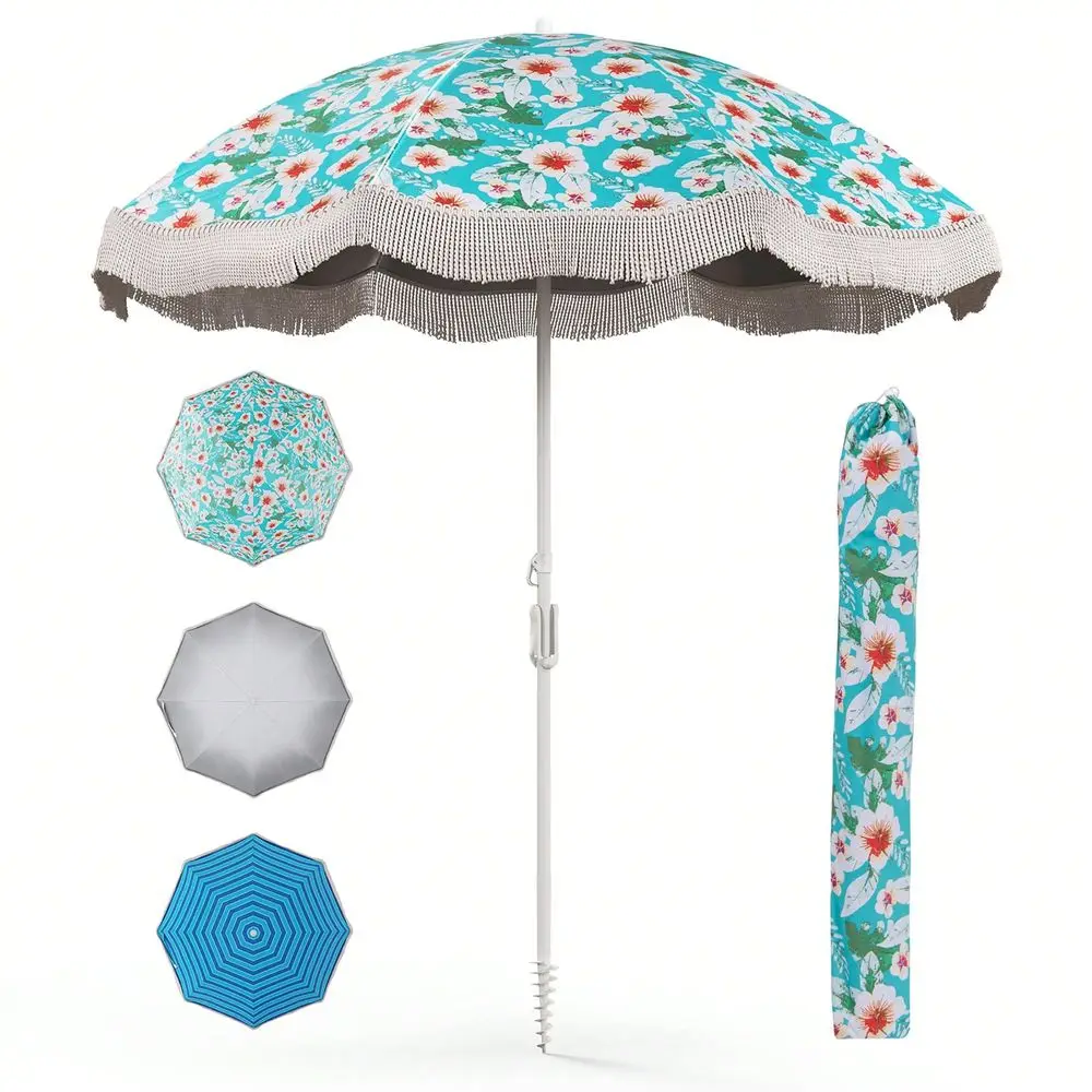 

FT Beach Umbrella W Fringe Tassel Umbrella W Push Button Tilt Sand Anchor