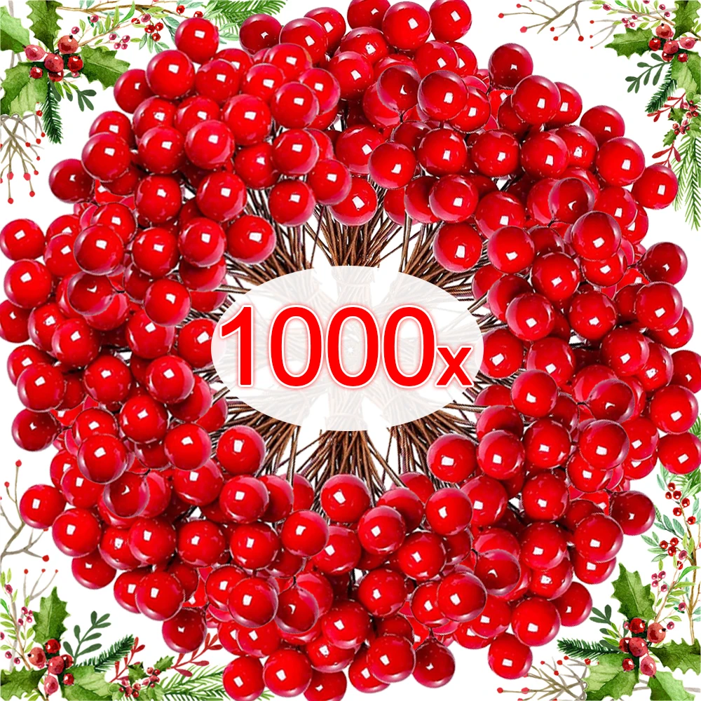 50/1000pcs Artificial Mini Red Berries Cherry Stamen Fake Holly Berry Pearl Beads DIY Christmas Tree Ornament Wreath Decoration