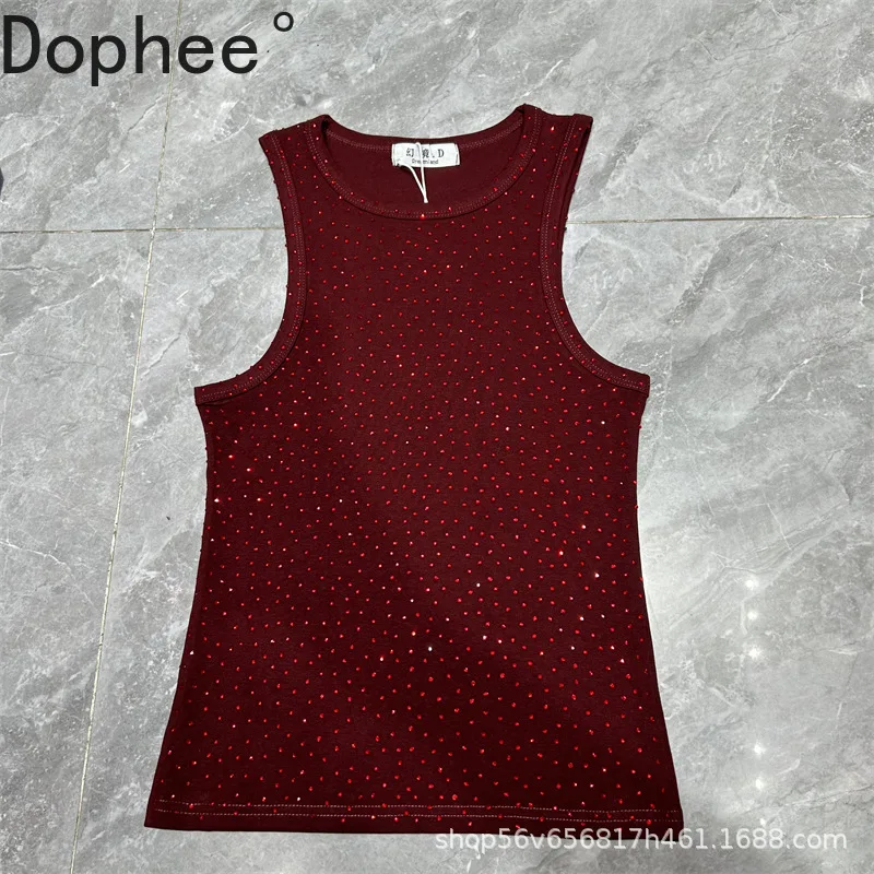 

Full Diamonds Hot Drilling Women Camisole New Spring Summer O-neck Sleeveless T-shirt Solid Color American Slimming Tanks Top