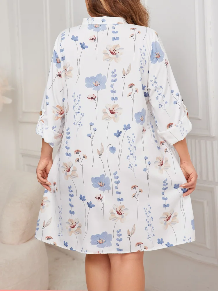 GIBSIE Plus Size Floral Print Button Women Shirt Dress Wiosna i jesień Długi rękaw Luźne Casualowe Mini Sukienki A-line 2024 Nowość