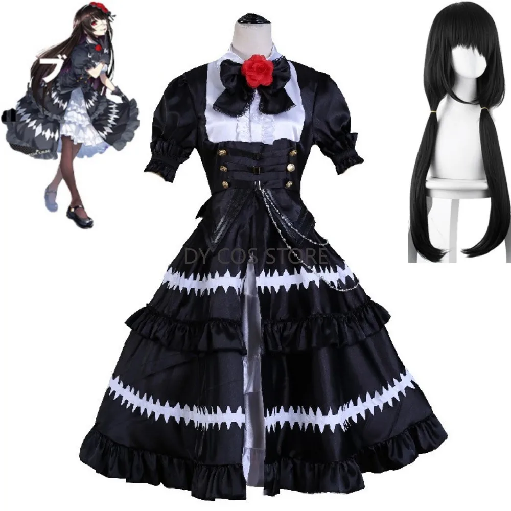 

Anime Tokisaki Kurumi Nightmare DATE A LIVE DateALive DAL Cosplay Costume Wig Ratatoskr Gothic Lolita Black Dress Halloween Suit