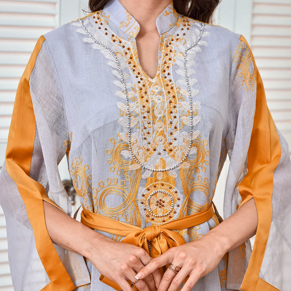 Orange Embroidered Sparkly Mesh Trendy Elegant V-neck Turtleneck Dress for Women Muslim Arabian 2026 New Fashion Female Clothes