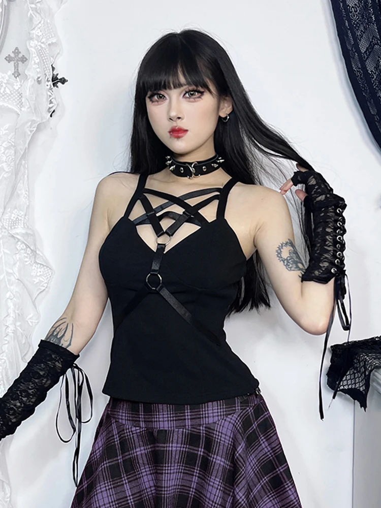 AltGoth-Camiseta gótica Harajuku Mall para mujer, ropa de calle Cyber Punk, pentagrama, Top corto con cuello Halter ahuecado, camiseta sin mangas