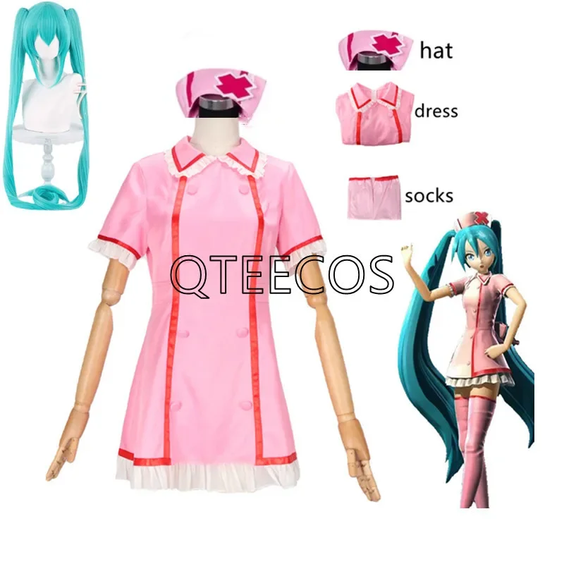 Anime Vocaloid Miku Cosplay Roze Verpleegster Jurk Vrouwen Meisjes Uniform Met Hoed Sokken Halloween Party Cosplay Kostuum