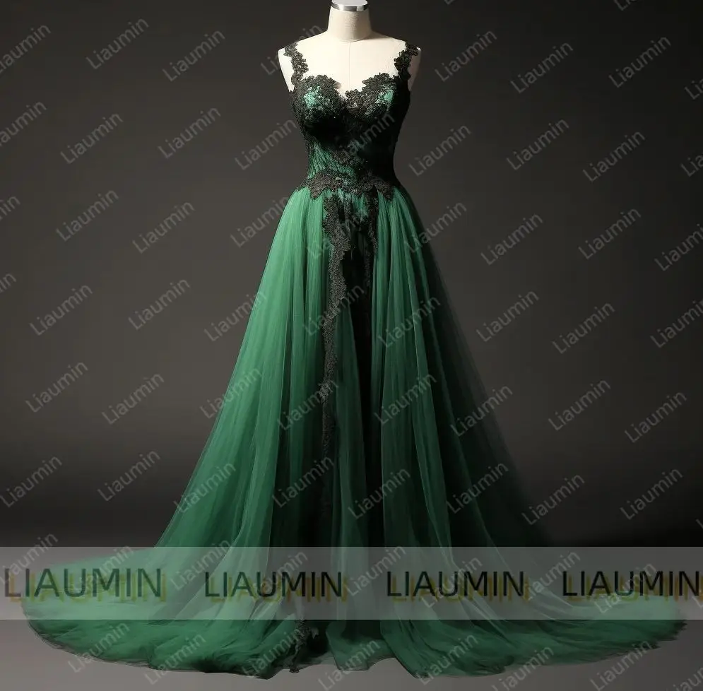 Grüner Tüll, schwarze Spitzenapplikation mit Riemen, elegante Schnürung am Rücken, Abend-, Hochzeits-, formelle Party- und Ballkleider, individuelle Größe W1-8.6
