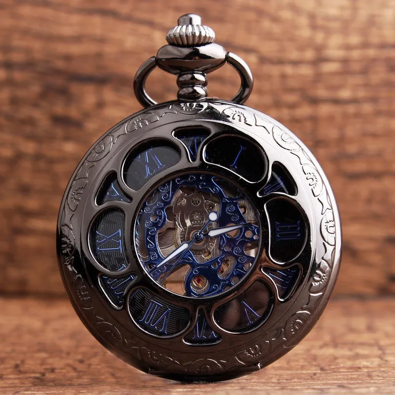 

Gun Black Petals Blue Mechanical Pocket Watch Retro Flip Hollow Necklace Pocket Watch Men and Women Watches