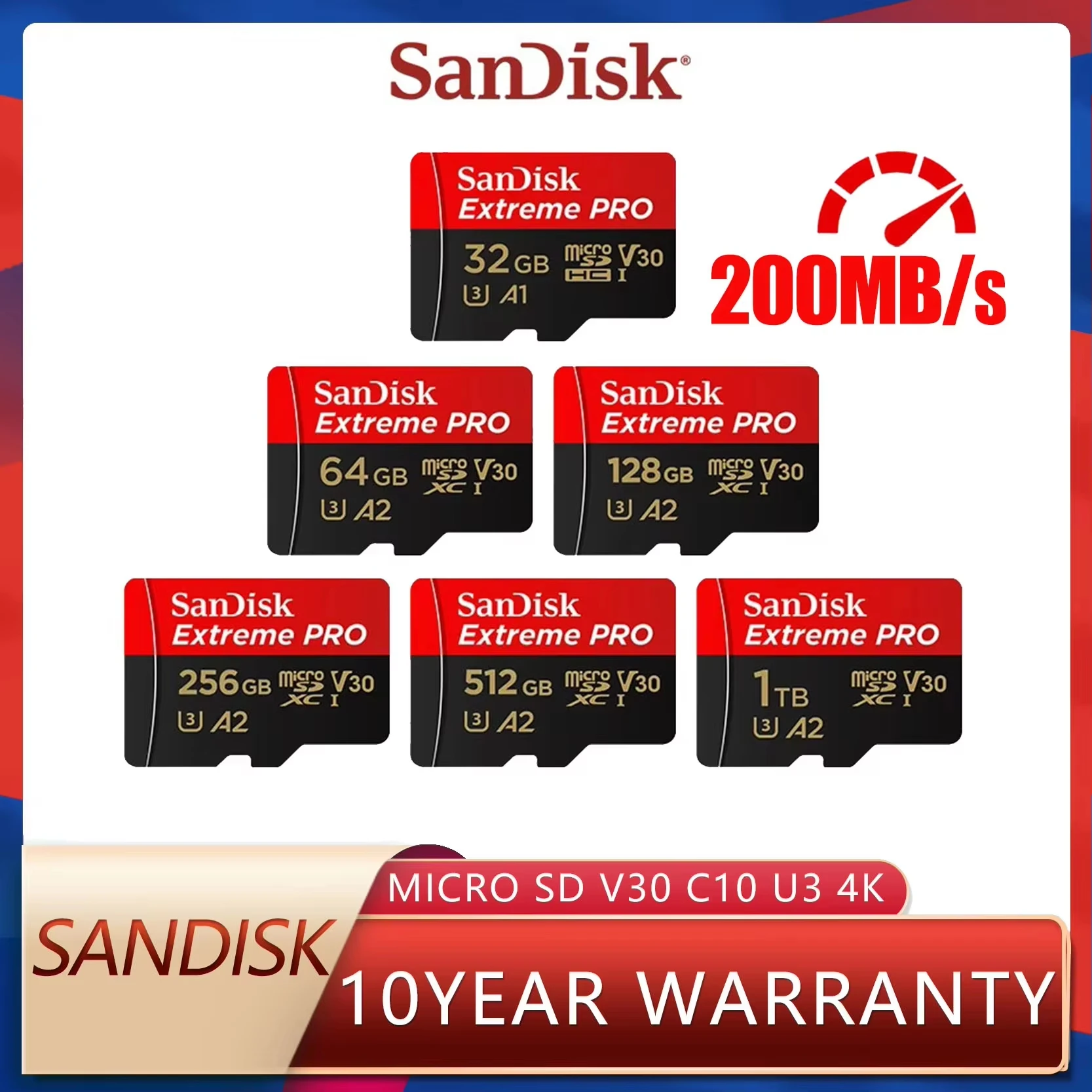 Tarjeta Micro SD SanDisk Ultra, A2 U3 V30 C10, tarjeta TF de alta resistencia de 200MB/s, capacidad 128GB/512GB