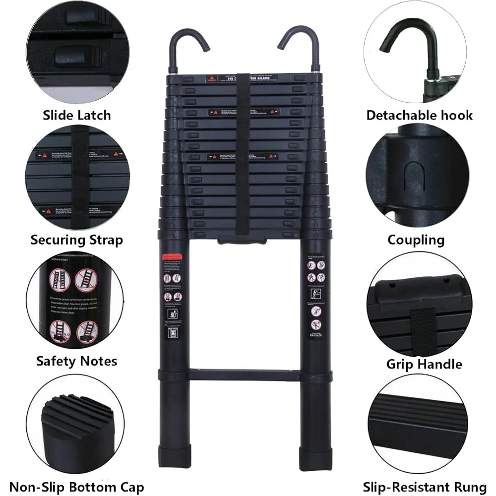 บันไดอลูมิเนียมแบบยืดหดได้ 20 ฟุต น้ำหนักเบาอเนกประสงค์ รับน้ำหนักได้ 330 ปอนด์ พร้อมตะขอเกี่ยวหลังคาแบบถอดได้ ได้รับการรับรองมาตรฐาน EN131 เหมาะสำหรับ