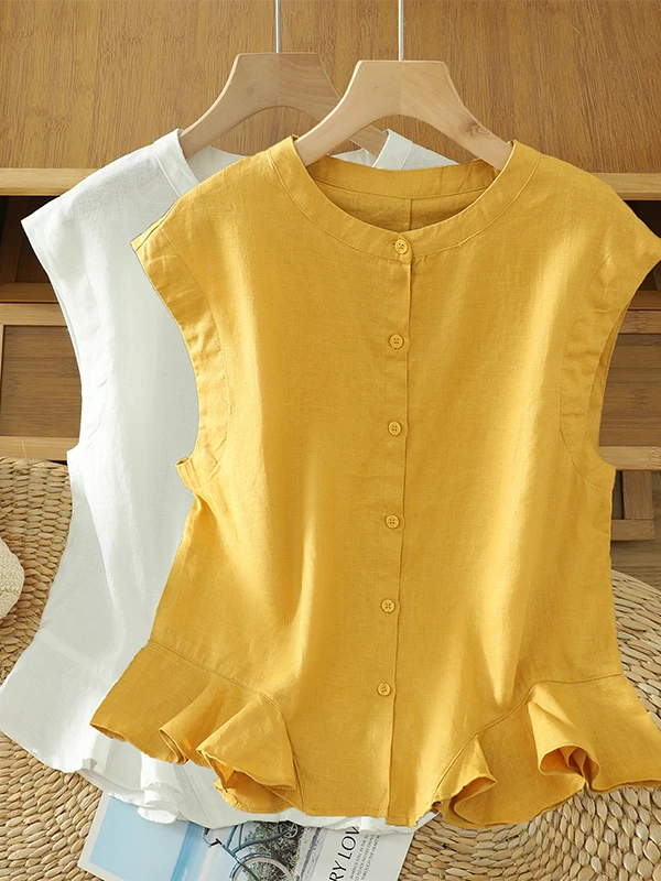 

Women's Linen Svel irt Summer Thin Breathable Vest oulder Pads Quali Small Top round Ne ort Sve Button Clo...