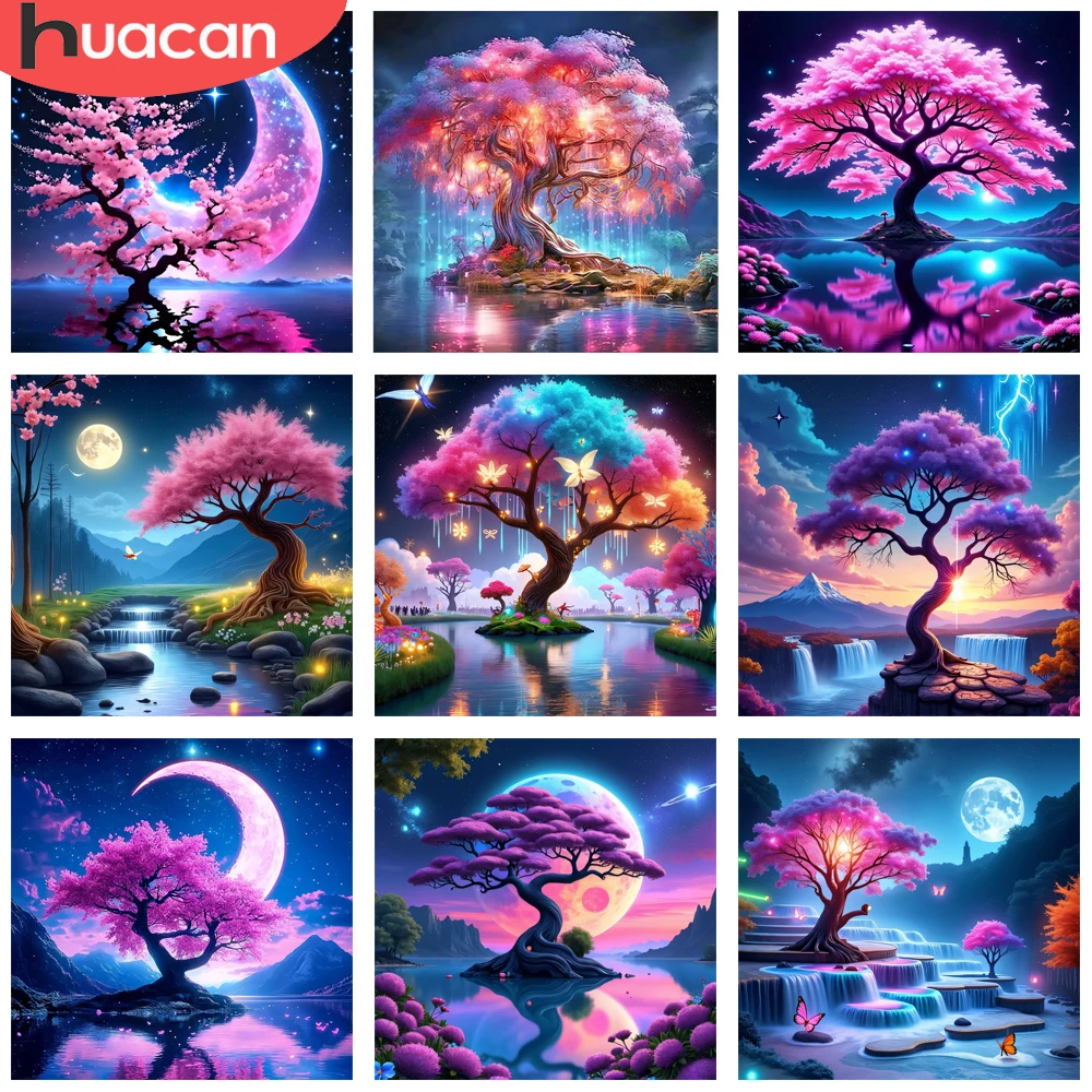 

HUACAN Diy Diamond Mosaic Tree Landscape Full Round Diamond Painting Scenery Home Wall Decoration