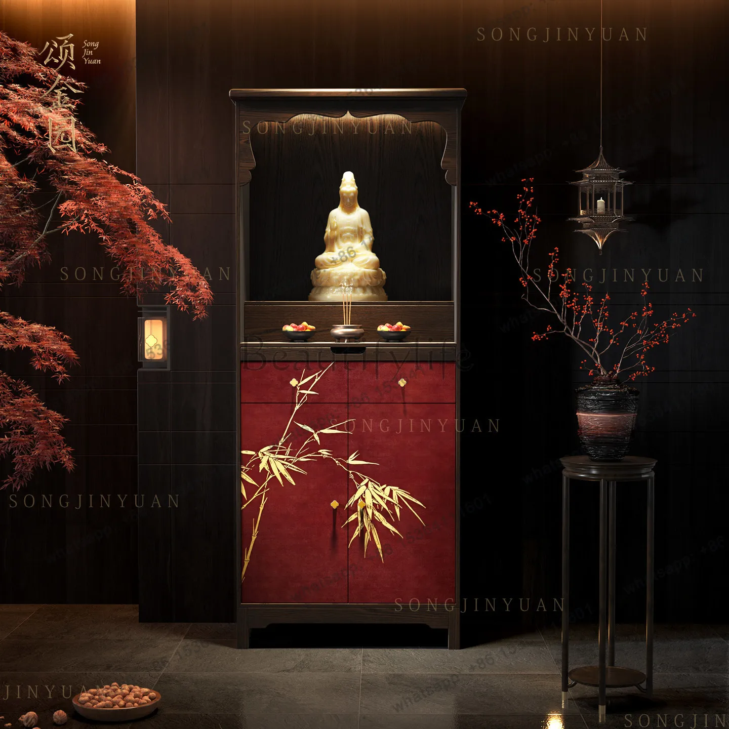 Bamboo peace solid wood household offering table cabinet Guanyin God of Wealth offering cabinet