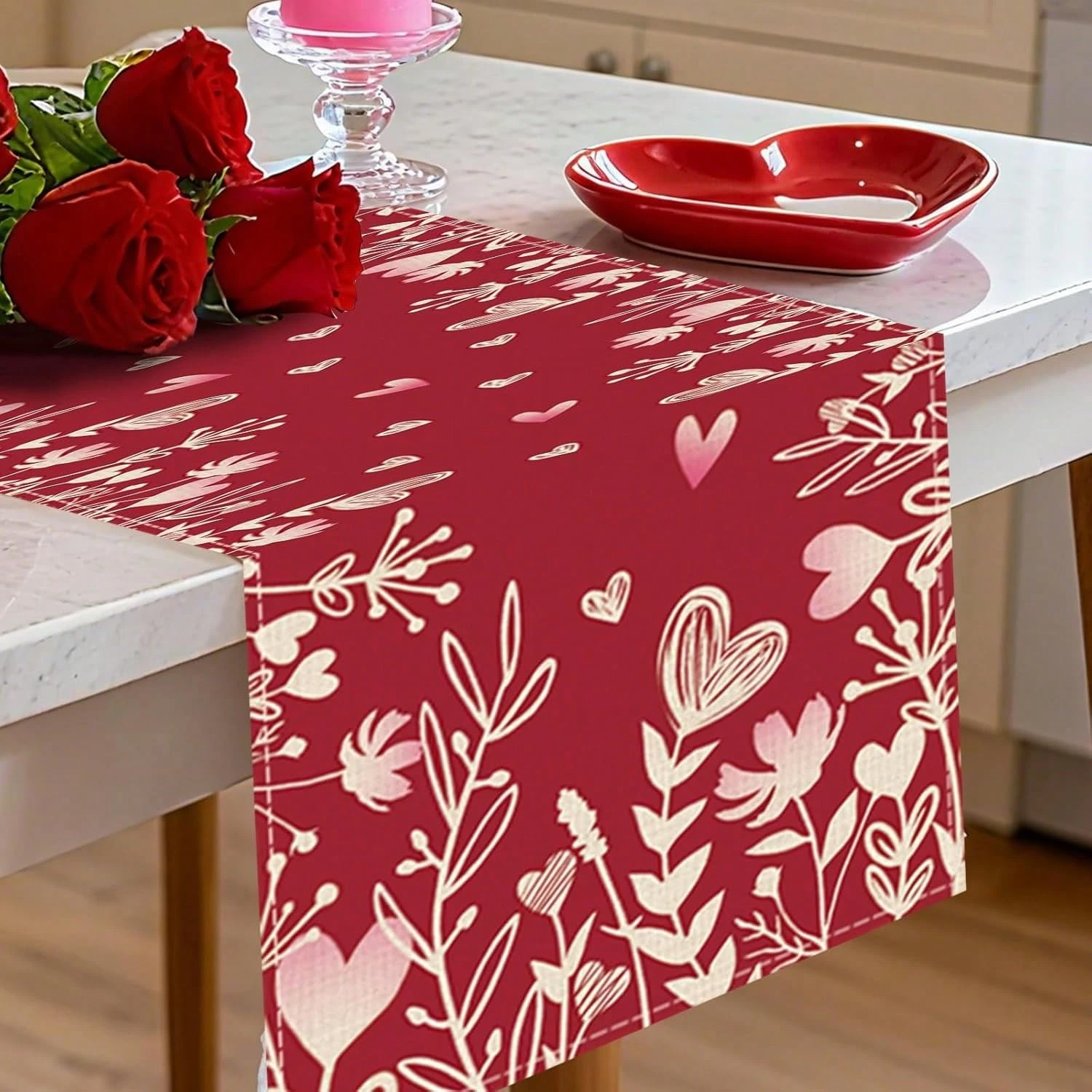 1pc Valentine's Day Heart & Floral Red Table Runner,  Suitable For Anniversary, Home Dining, Wedding Party Decor
