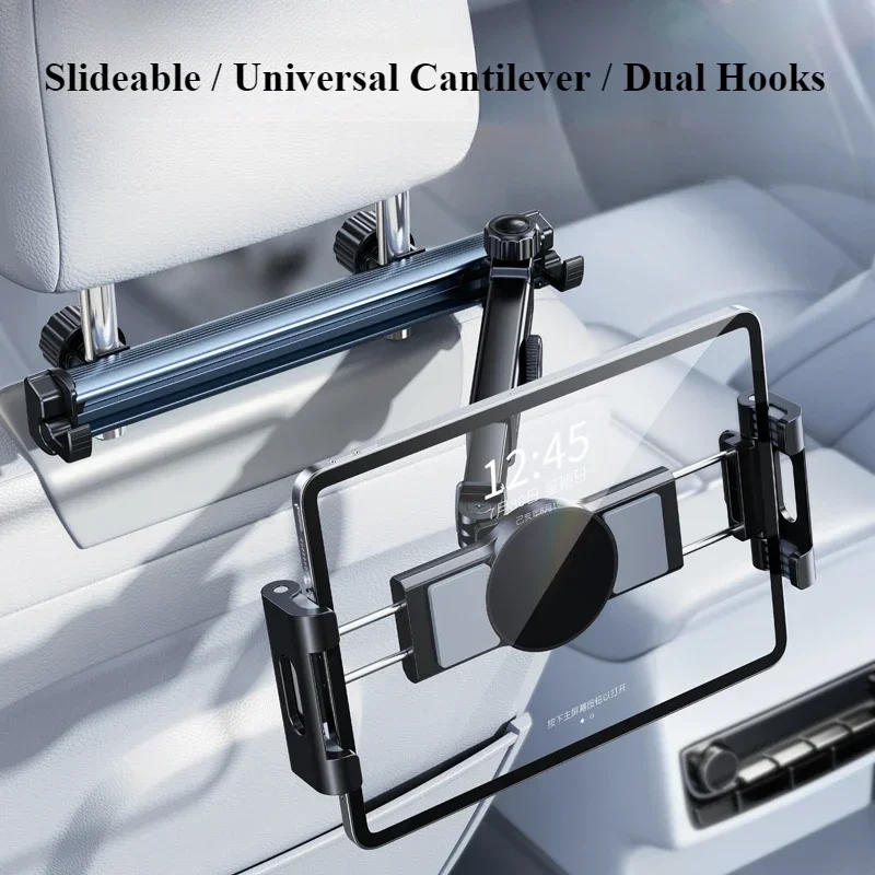 

Oatsbasf Car Tablet Holder for Headrest Extension Arm Adjustable Car Mount for Back Seat Phone Stand for iPhone iPad with Hooks