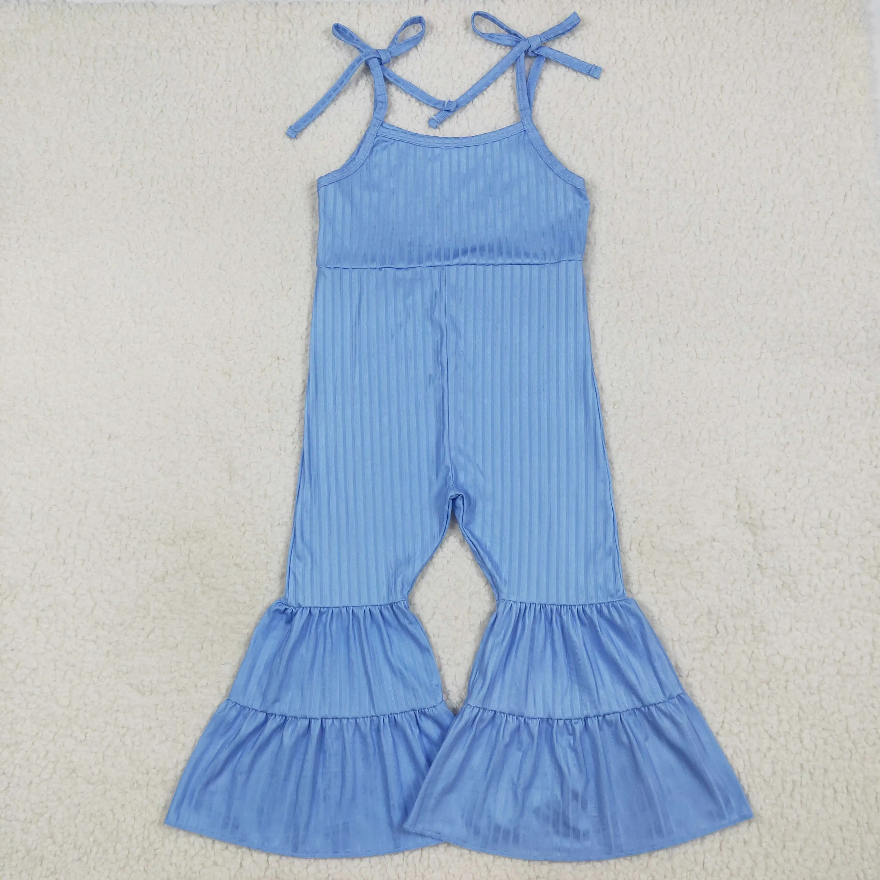 

Baby Girls Light Blue Ribbed Jumpsuit with Straps Patchwork Ruffle Bell Bottom Kids Girls Outfit