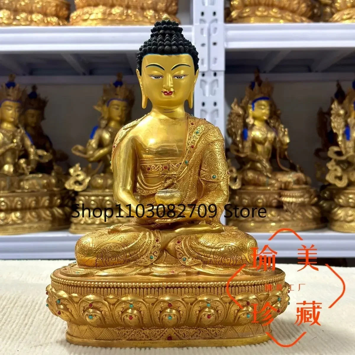 

10-Inch pure copper gilt Buddha statue of Amitabha Buddha in Tibet Seiko-inlaid gemstone 32cm one-foot bronze statue