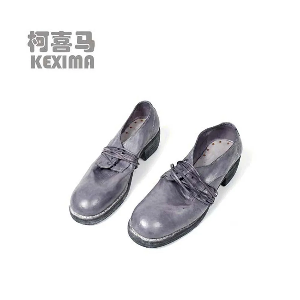 

mapitang Single shoes female horsehide women horsehide shoes lace-up Round head black Small horse leather shoes