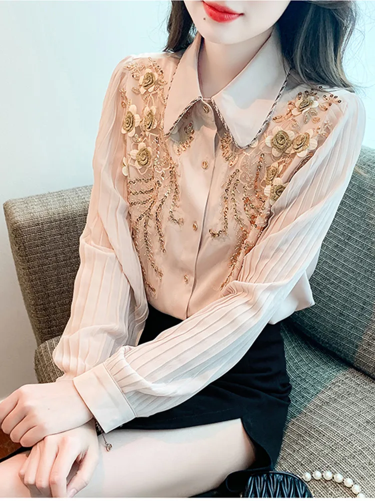 Spring Fall Chiffon Blouse Women Embroidery Sequins Beading Women Shirt Tops Elegant OL Long Sleeve Vintage Blusas Mujer De