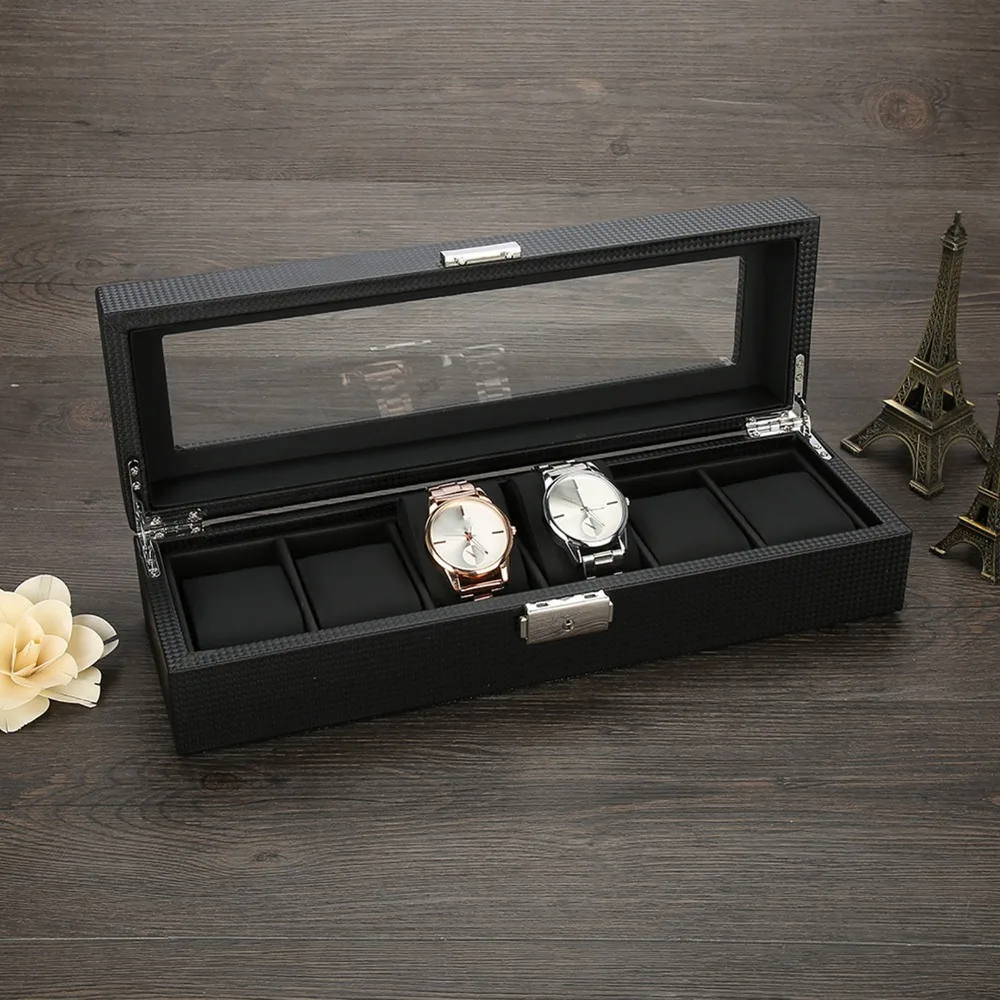 

Luxury Carbon Fiber Watch Box Leather 6-Slot Storage Box Black Woven Pattern Watch Organizer Display