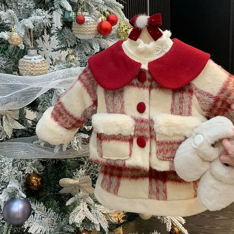 Set scozzese per bambina Stile occidentale Autunno e inverno Cappotto addensato Gonna Tesoro per bambini Più cashmere Bella principessa invernale