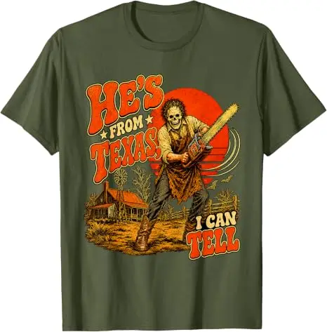 Er kommt aus Texas, das kann ich dir sagen. Kettensägen-Horror-Halloween-T-Shirt, Y2k Texas Kettensägen-Skelett Country Grafik-Bekleidung, weiche Baumwoll-T-Shirts. – Detail 9