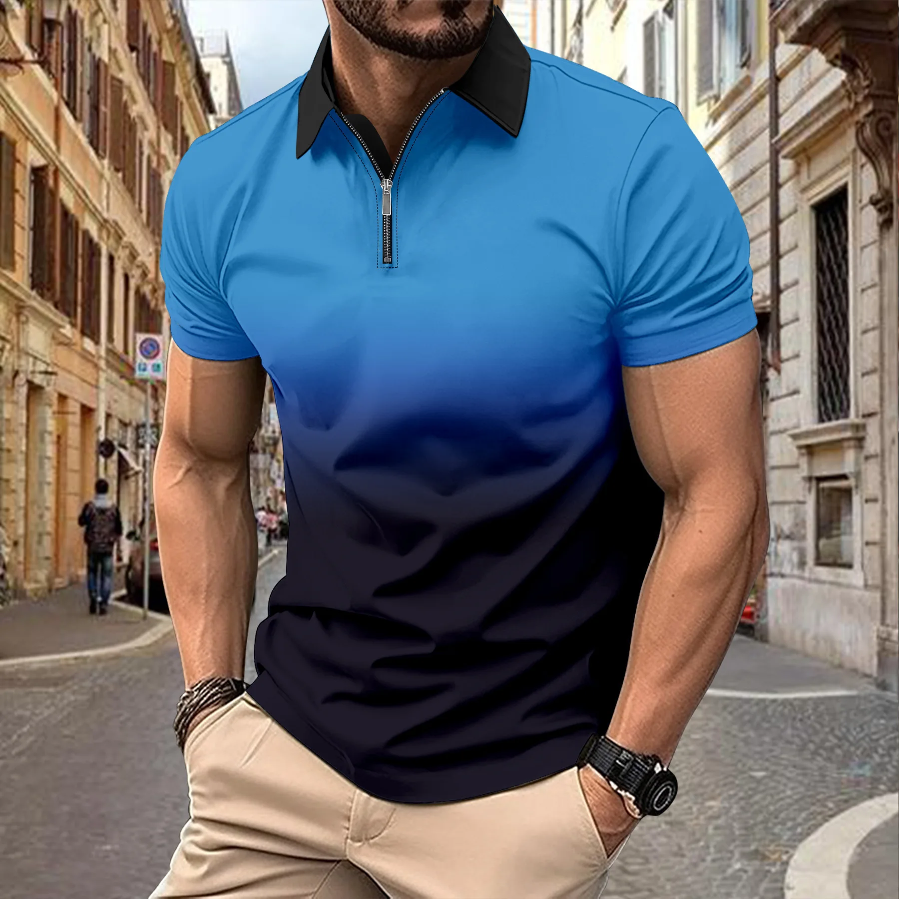 Summer Blue Color Gradient Fashion Men's Polos T-Shirts Short Sleeve 3D Printed Street Trend POLO Tee 6XL Plus Size Casual Tops