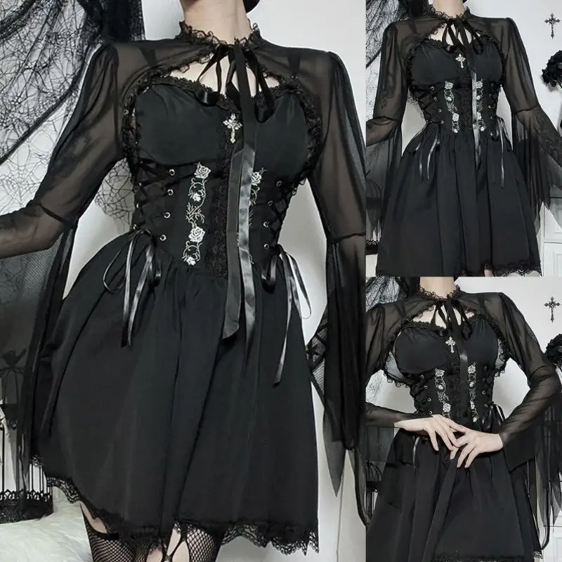 R3MC – haut court évasé à manches longues pour femmes, gothique, Punk, Vintage, esthétique, garniture en dentelle, transparent,