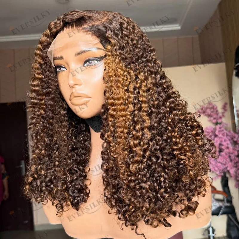 Side Part Mongolian Human Hair Curly Highlight Golden Brown Natural Hairline Lace Front Wigs for Black Women Glueless 180Density