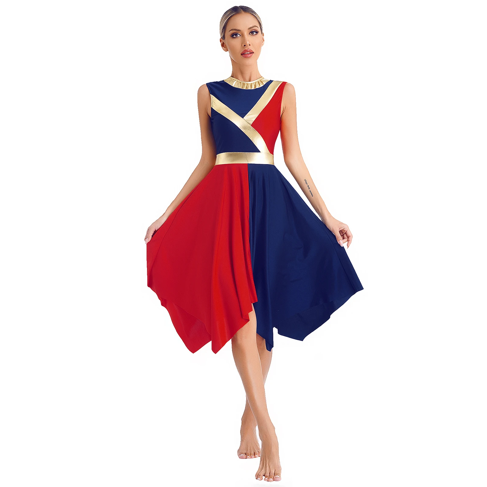 Womens Praise Liturgical Dance Dress Sleeveless Metallic Color Block Patchwork Dresses Worship Lyrical Dance Costume Dancewear