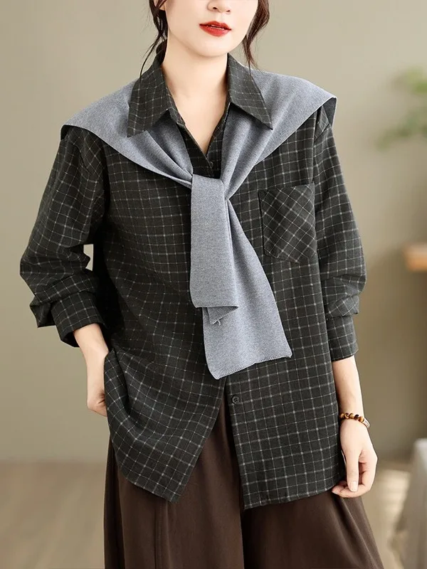 Retro Plaid Long Sleeve Shirt Women's Outerwear Knitted Shawl plus Size Autumn New Style Button up Top Polyester Fiber