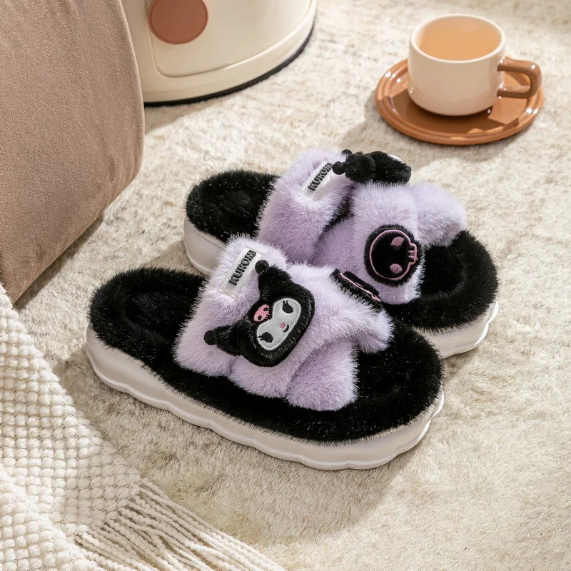 Genuine Sanrio Hello Kitty Plush Slippers Kuromi My Melody Warm Winter Indoor Slippers Flat Casual Non-slip Girl Home Shoes