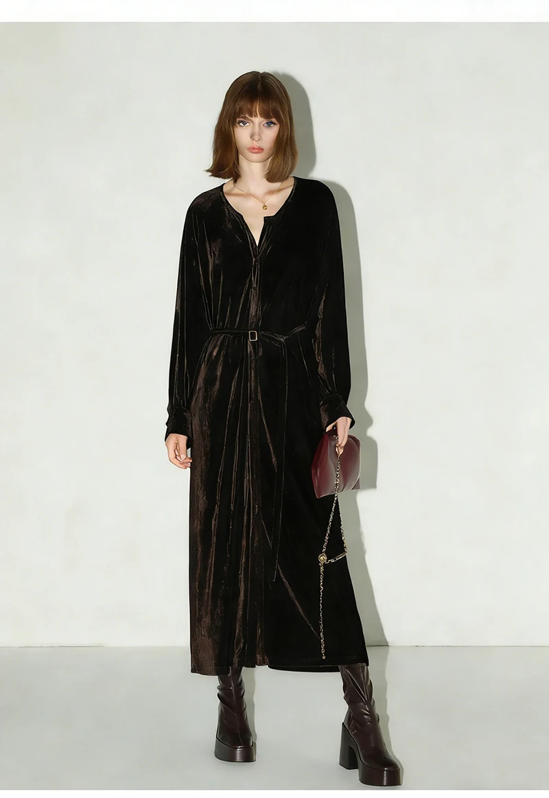 Feng Baoyu Luxury Silk Velvet Women's Dress Elegant Style Long-Sleeved Formal Dress Luxury Fashion Casual Spring and Autumn