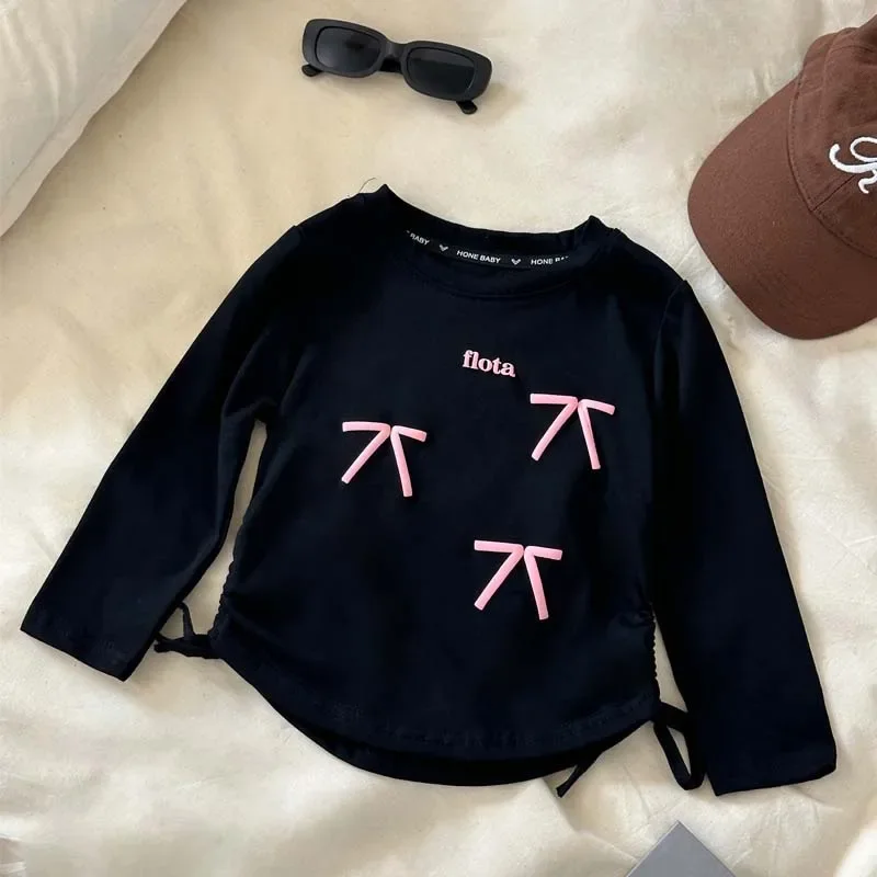 Girls T-shirt Spring and Autumn Style Bow Print Design Long Sleeve Top with Drawstrings on Both Sides Loungewear Outfit