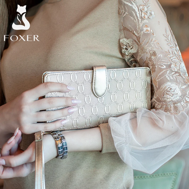FOXER Split Leather Women\'s Long Wallet Embossed Pattern Phone Purse Lady Multi-Card Holder Clutch Purse with Wrist Strap
