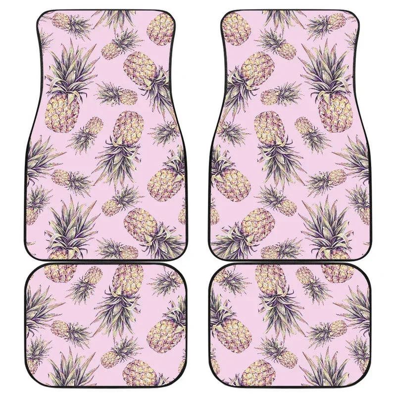 Pink Vintage Pineapple Pattern Print Front and Back Car Floor Mats Heavy Carpet Front and Rear Full Set 4PCs Pack