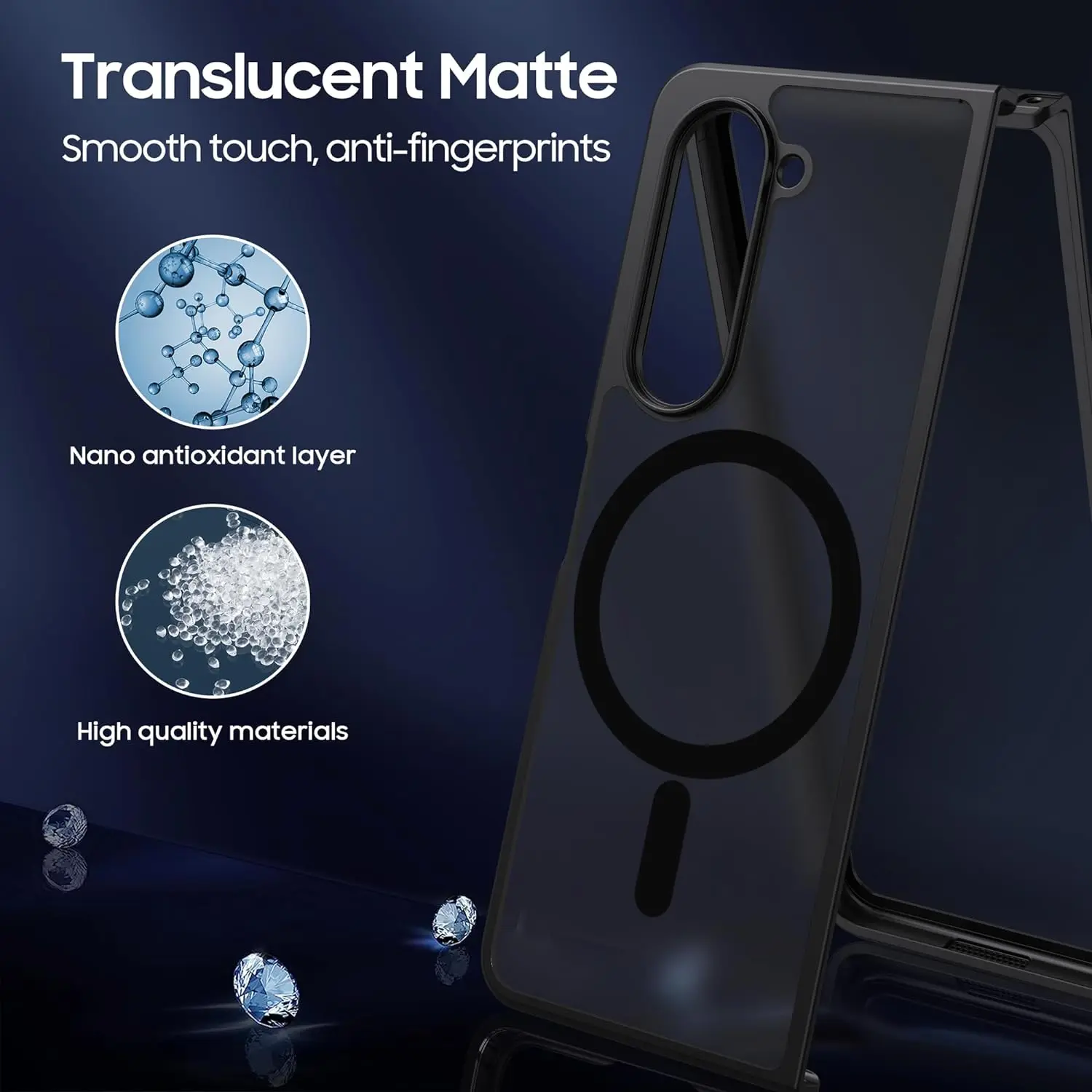 Magnetic for Samsung Galaxy Z Fold 5 Case Slim Translucent Matte Hard Back & Soft Black Bumper, Military Grade Drop Proof Cover