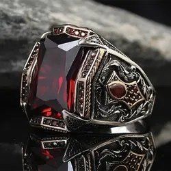 Vintage Handmade Turkish Signet Ring For Men Women Ancient Silver Color Carved Ring Red Yellow Zircon Inlay Punk Motor Biker