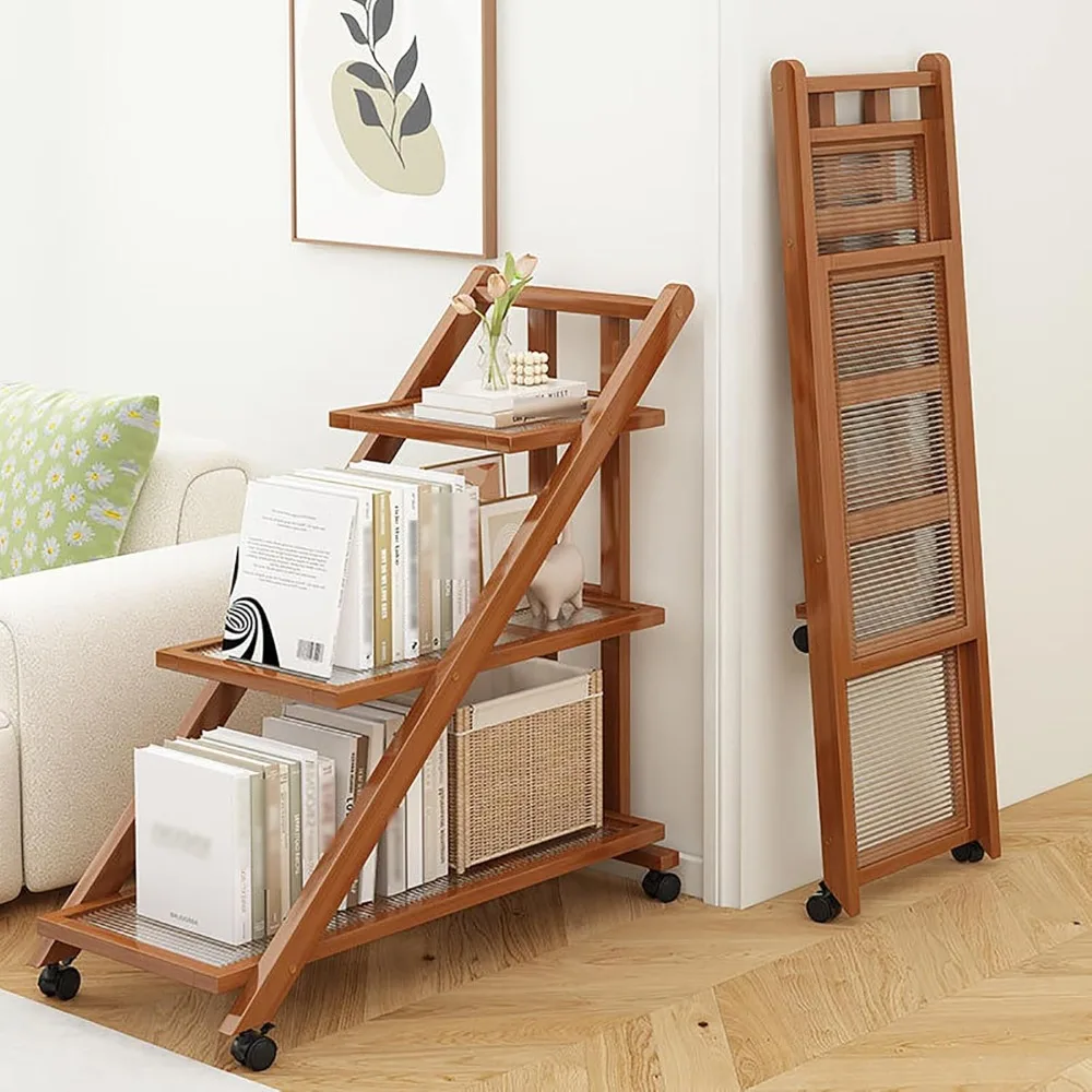 2/3 Tier Wooden Rolling Bookshelf with Wheels Heavy Duty Cart Storage Organizer Vintage Storage Rack for Living Room Bedroom