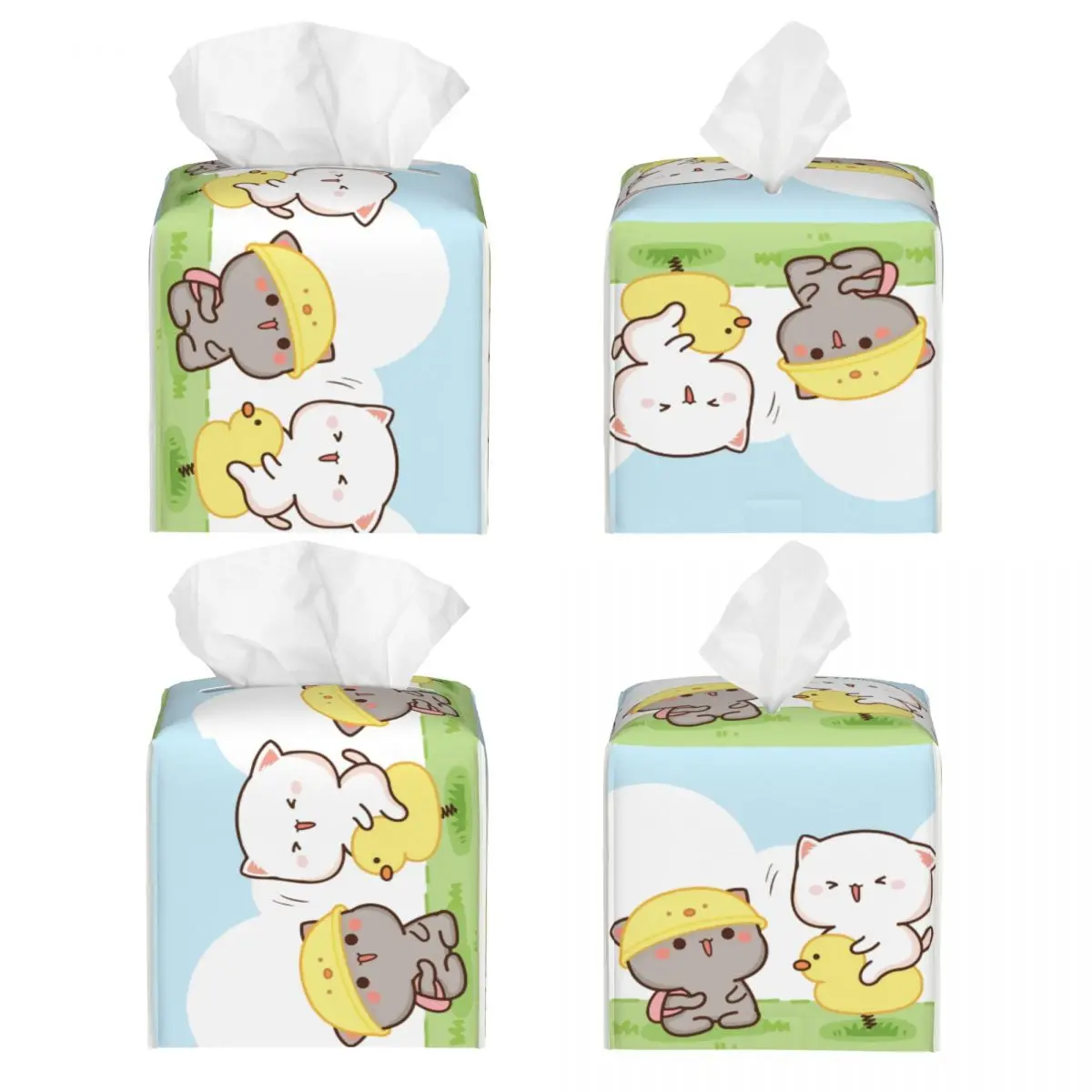 Custom Peach And Goma Mochi Playground Facial Tissue Box Cover Square Kawaii Cat PU Leather Tissue Box Holder for Car Bathroom