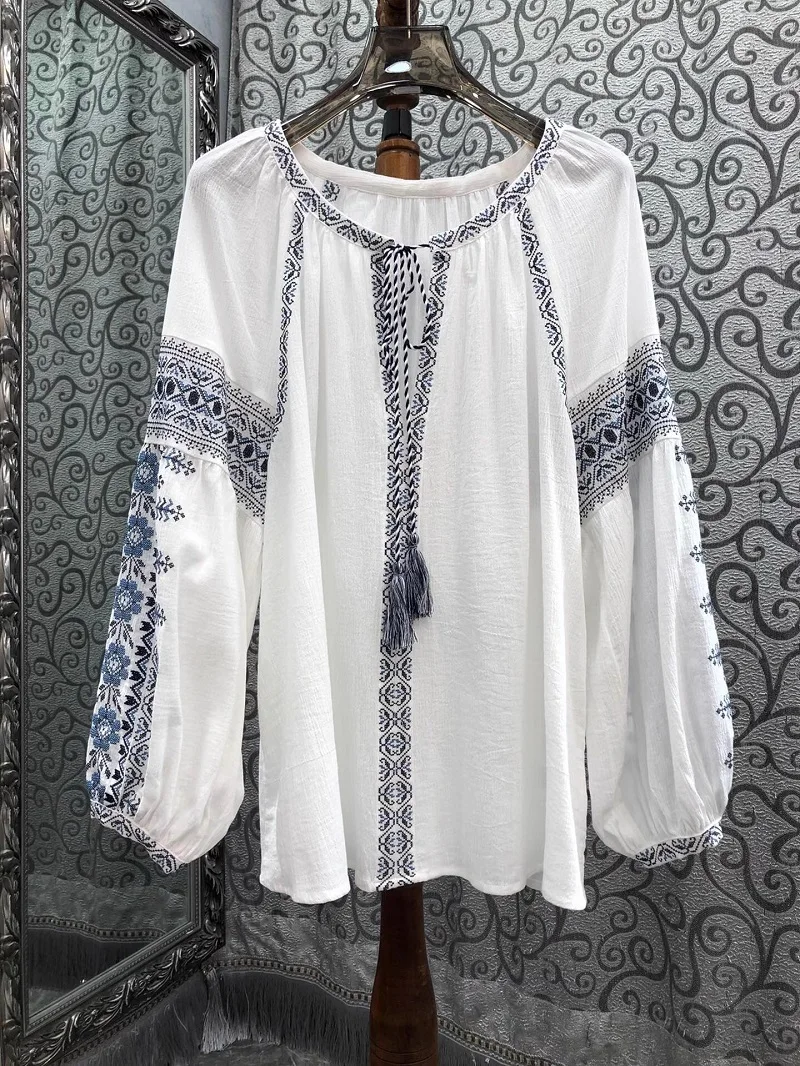 

100%Cotton Blouse Shirts 2025 Spring Summer Style Women Vintage Embroidery Tassel String Deco Long Sleeve White Loose Tops