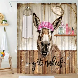 Whimsical Donkey Bathing Shower Curtain with Rustic Wooden Background -Fun