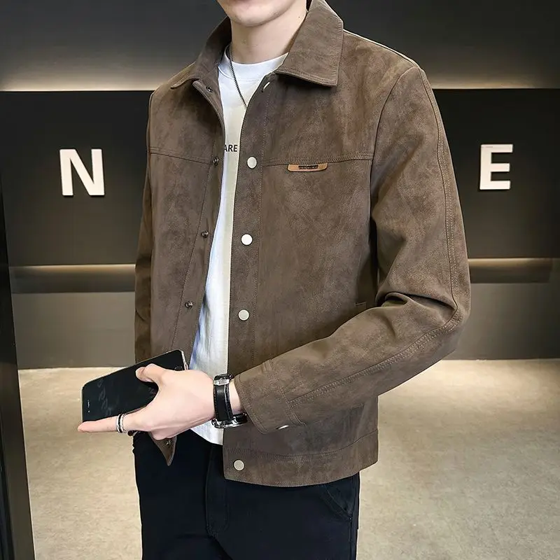 Men's New Jacket Cool and Trendy Brand with a High-end Feel Featuring a Lapel Collar and Suede Upper Men's Outerwear