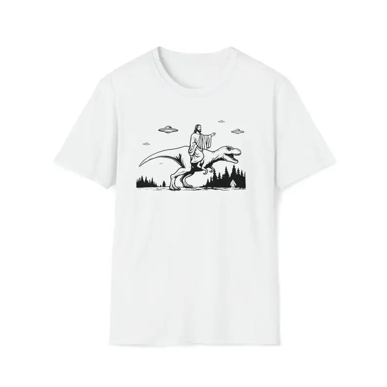 Jesus Riding Dinosaur T-Shirt UFO T-Shirt Funny T-Shirts Offensive Cool Graphic Tees Crazy for Men Women Boys Novelty T Shirt