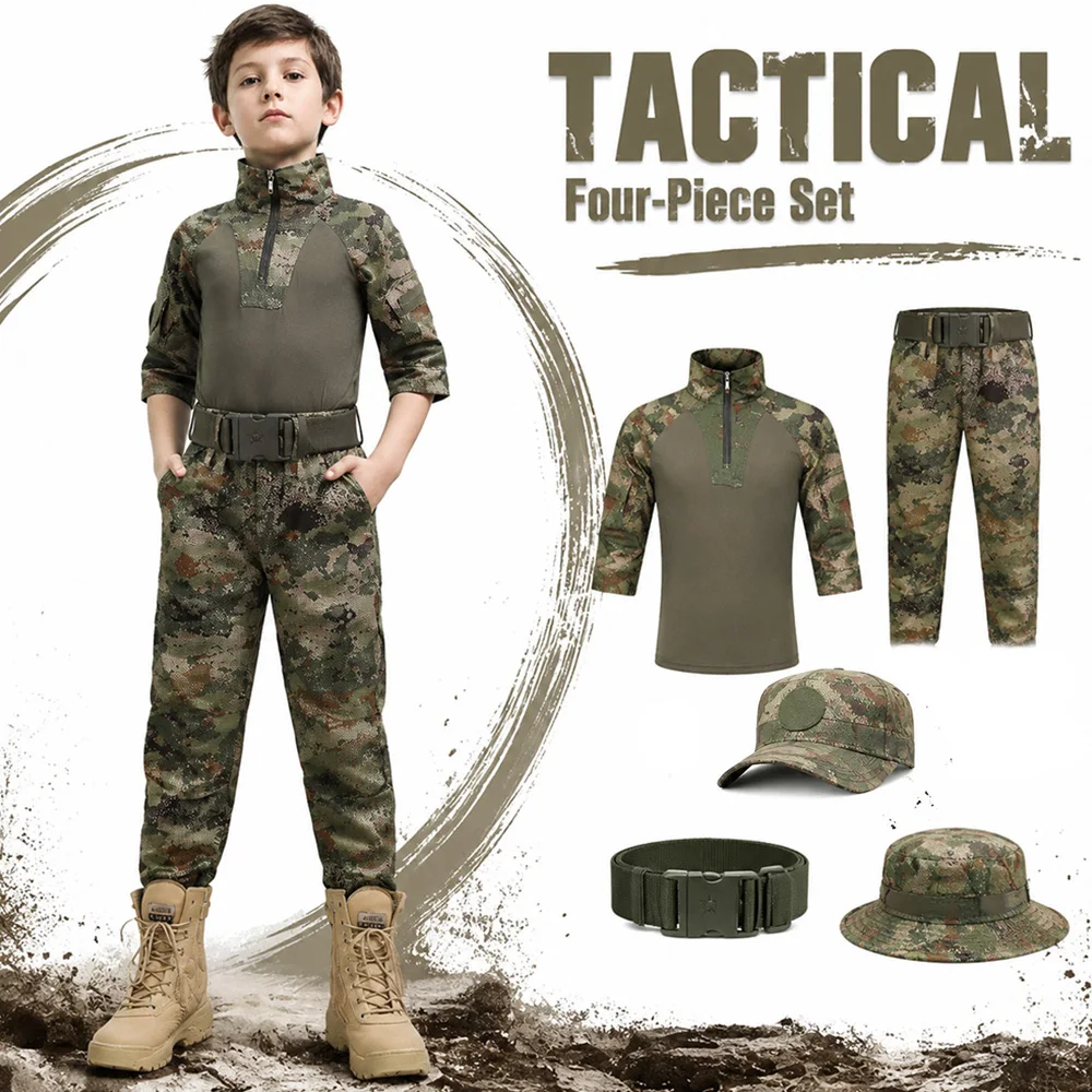 

Children Tactical Frog Suit Set with Camo Short Sleeve Cargo Pants Belt Hat Military Training Uniform for Summer Camp Roleplay