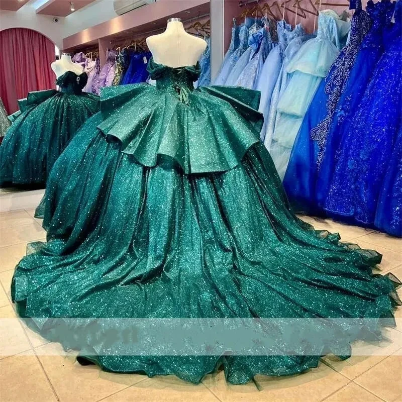 ANGELSBRIDEP Glitzernde grüne Quinceanera-Kleider mit Schleife, Kristallen, Vestidos de 15 Jahre, Geburtstagsfeier, Abschlussball, Ballkleid, individuell gestaltet