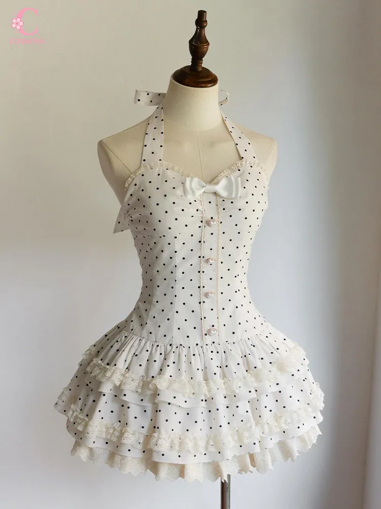 

Y2K Polka Dot Halter Bow Cake Mini Dress Sweet Puffy Tiered Princess Dress Slim Waist Cute Harajuku Summer Lovely Party Outfit