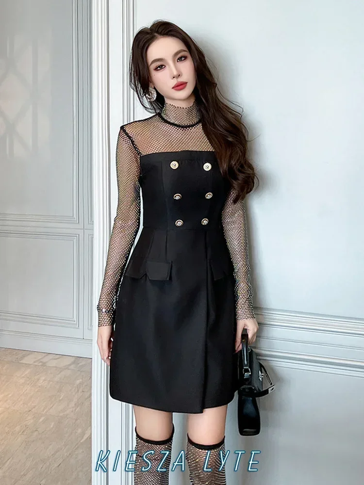 2024 New Fall Korean Style A-line Bodycon Dress French Party Birthday Diamond Hollow out Mesh Sexy Dress for Women y2k Dresses