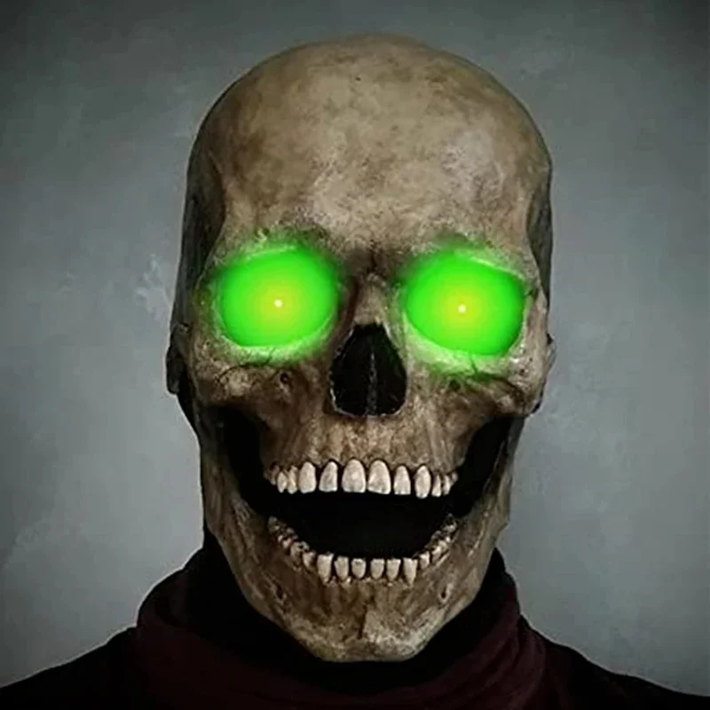 Glowing Green Eyes Full Head Skull Mask with Movable Jaw for Halloween and Horror Costumes - Spooky and Scary Mask Creativity